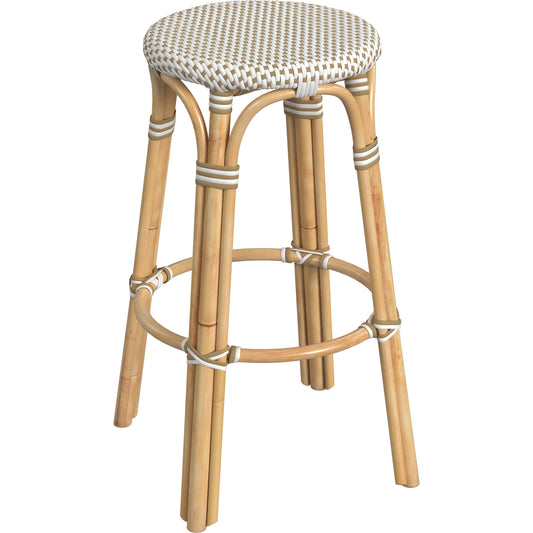 Tobias Wood Bar Stool by Butler Specialty Company. Made from rattan, polyurethane synthetic rattan in a coastal style.