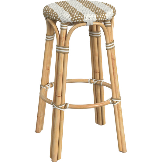 Tobias Wood Bar Stool by Butler Specialty Company. Made from rattan, polyurethane synthetic rattan in a coastal style.