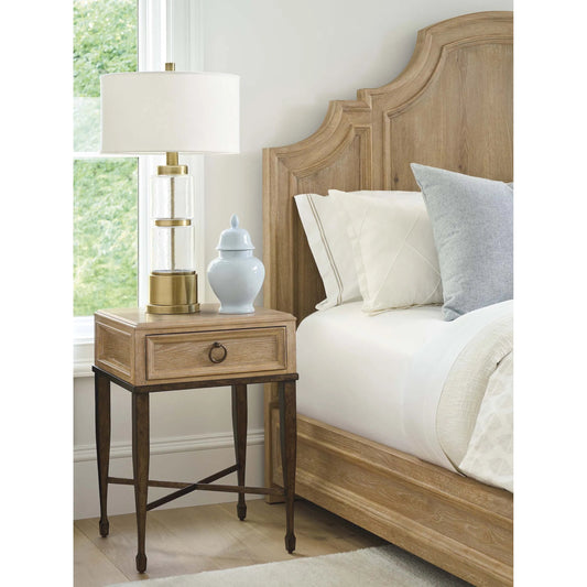 Milano Night Table by Barclay Butera in tan. Made from white oak, metal in a unique style.
