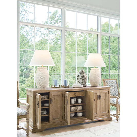 Westmont Buffet by Barclay Butera in tan. Made from white oak in a unique style.