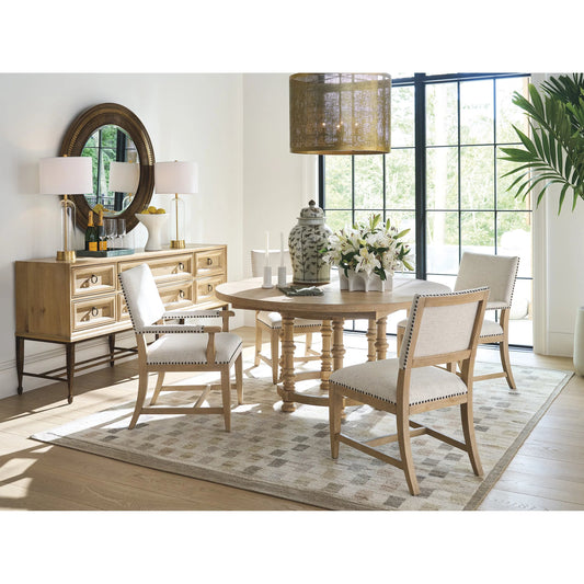 Colburn Upholstered Side Chair by Barclay Butera in tan. Made from white oak, fabric in a unique style.