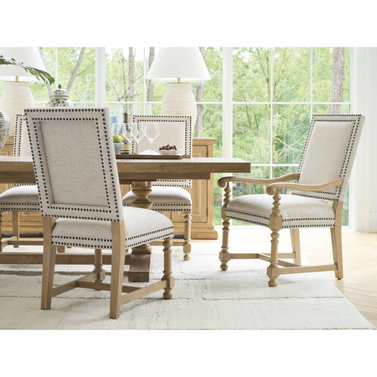 Anderson Upholstered Arm Chair by Barclay Butera in tan. Made from white oak , fabric in a unique style.