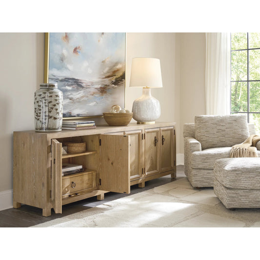 Westbourne Media Console by Barclay Butera in tan. Made from white oak in a unique style.