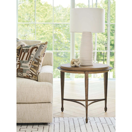 Catalonia Round Side Table by Barclay Butera in tan. Made from white oak, metal in a unique style.