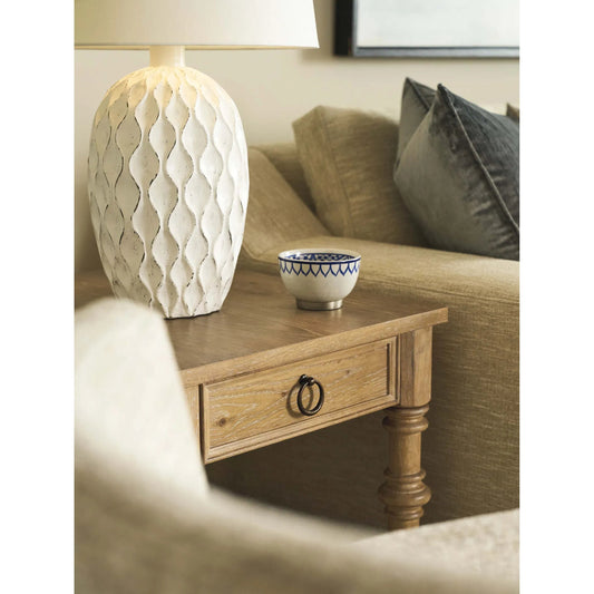 Hollister End Table by Barclay Butera in tan. Made from white oak in a unique style.