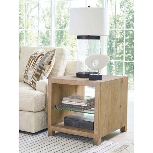 Danielson End Table by Barclay Butera in tan. Made from white oak, glass in a unique style.