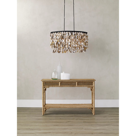 Stillwater Chandelier by Currey and Company in natural, black smith. Made from oyster shell, wrought iron in a coastal style.