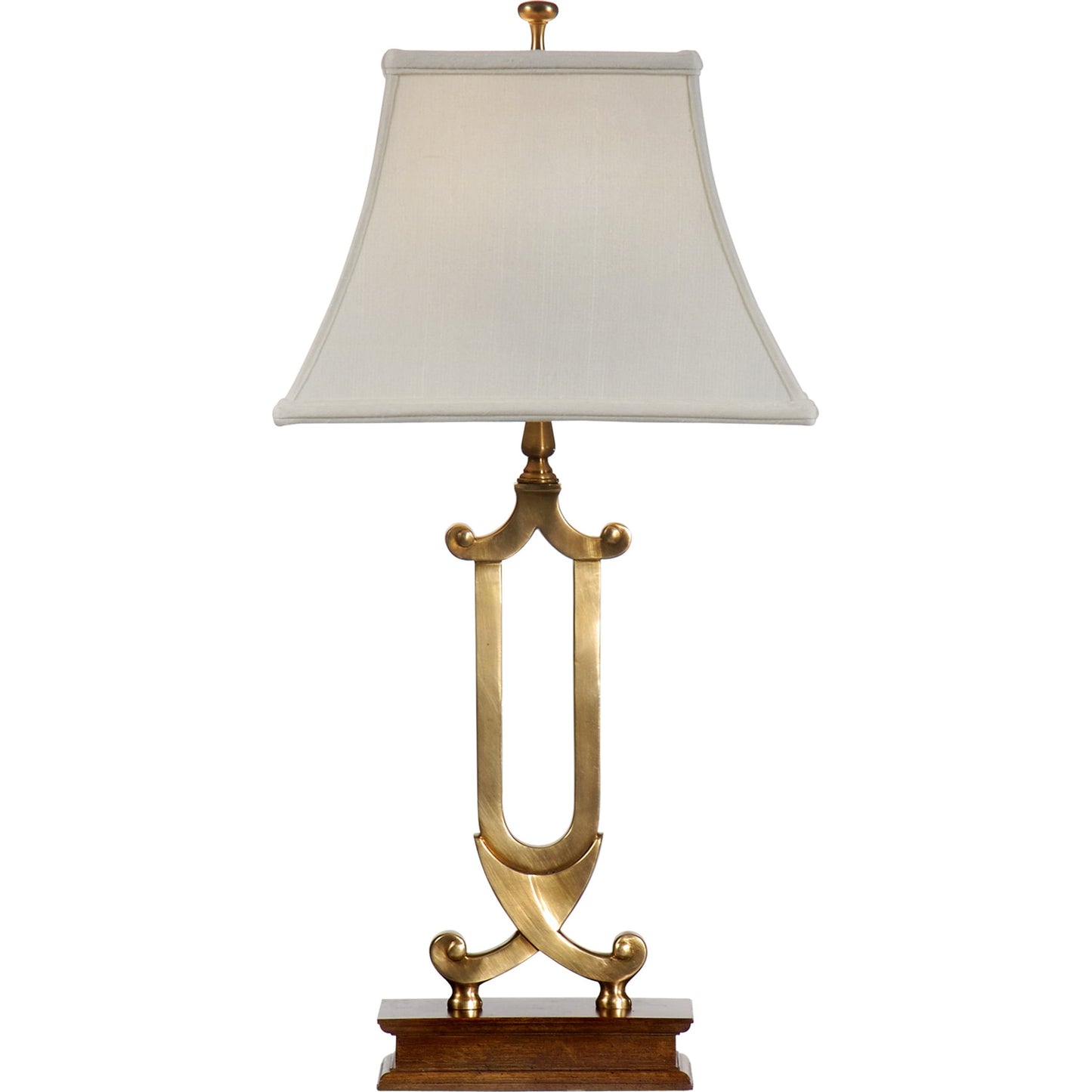 001 SR-385148 | Primary Silo | Crossed Scrolls Lamp by Wildwood in antique brass, walnut. Made from brass in a traditional style.