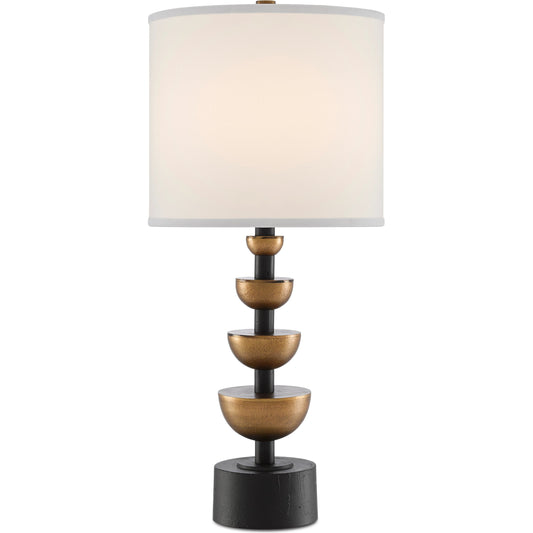 Chastain Table Lamp by Currey and Company in antique brass, black. Made from cast aluminum in a transitional style.