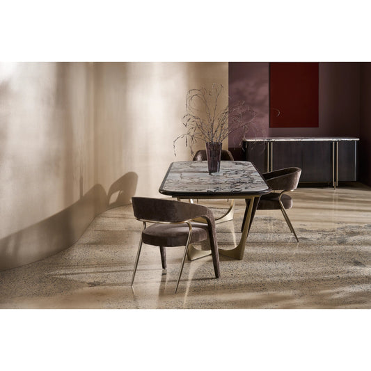 Vena Dining Table by Caracole in otter gloss, brushed gold. Made from unique in a modern style.