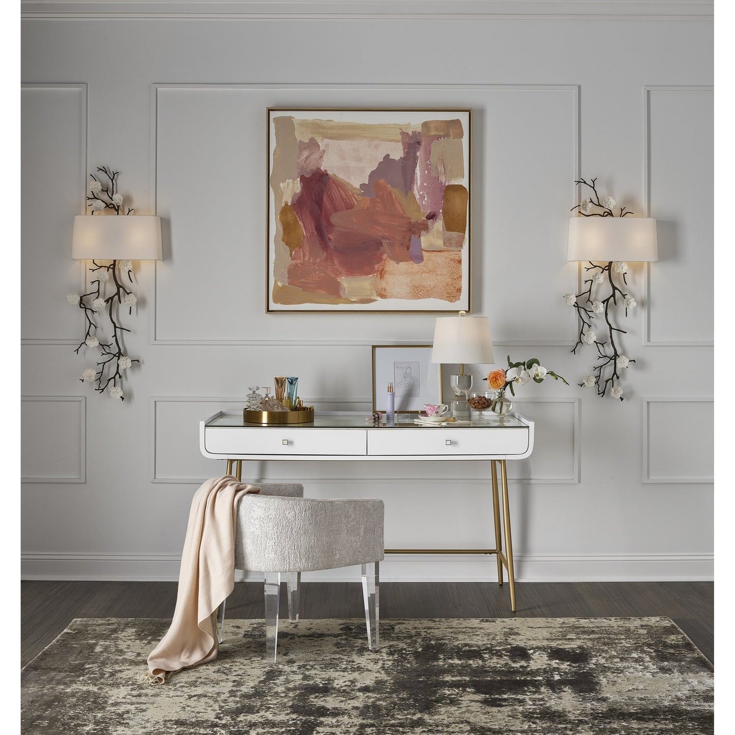 007 SR-909187 | Lifestyle | Allure Vanity Desk by Miranda Kerr Home in gold and white lacquer. Made from unique in a modern style.
