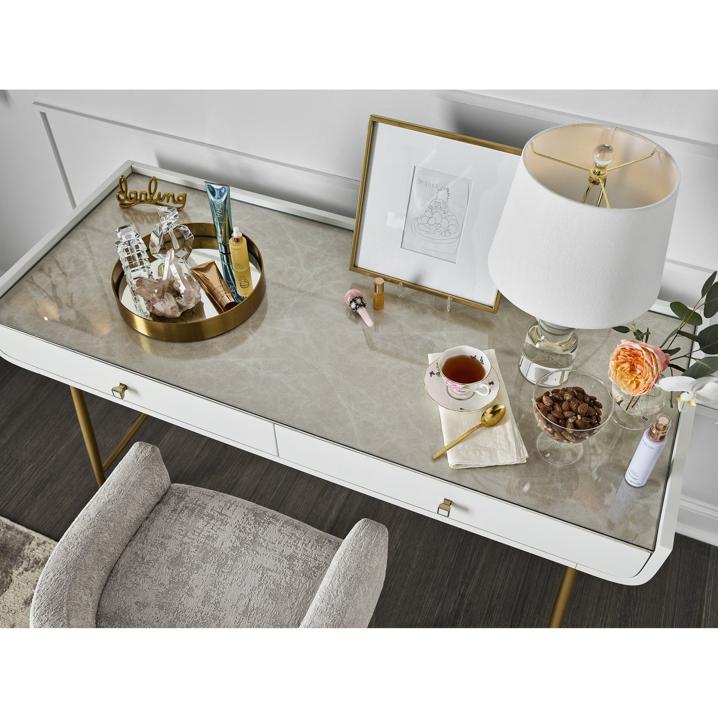 005 SR-909187 | Lifestyle | Allure Vanity Desk by Miranda Kerr Home in gold and white lacquer. Made from unique in a modern style.