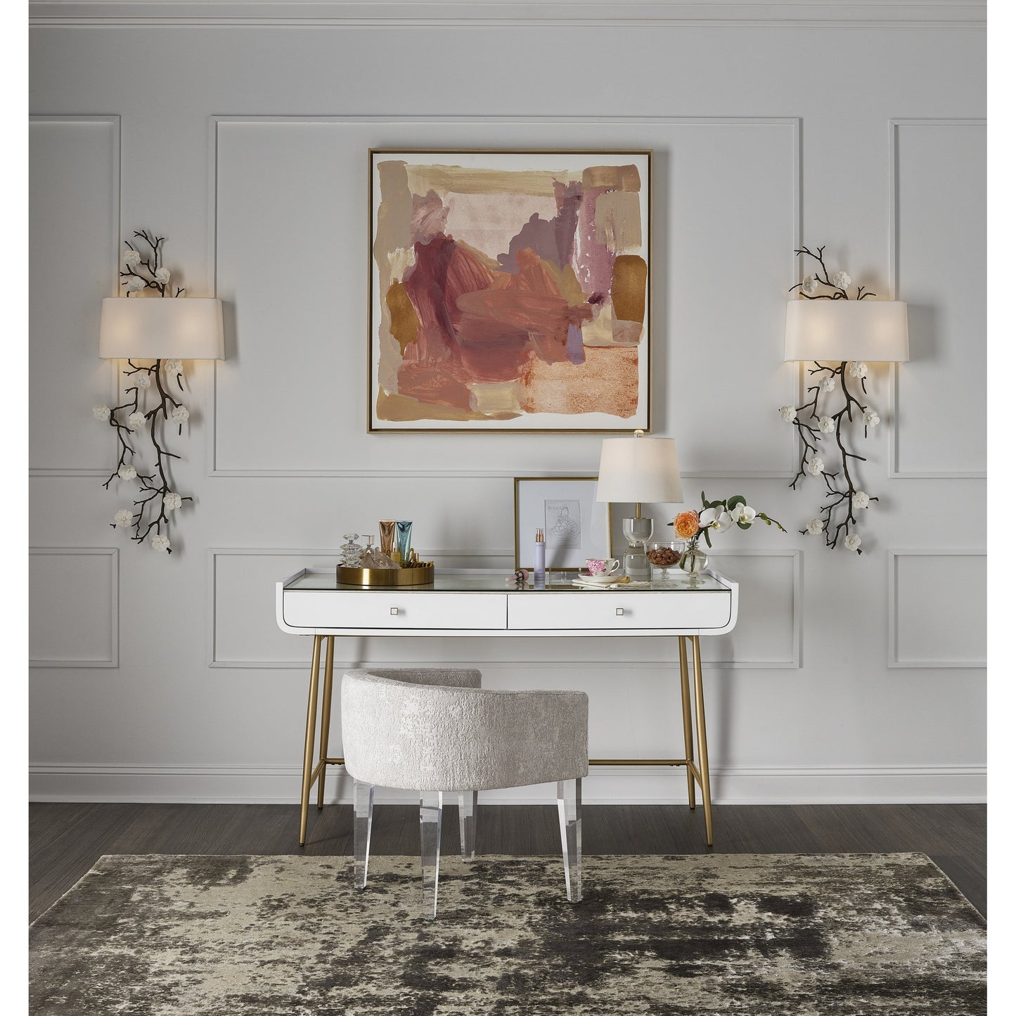 004 SR-909187 | Lifestyle | Allure Vanity Desk by Miranda Kerr Home in gold and white lacquer. Made from unique in a modern style.