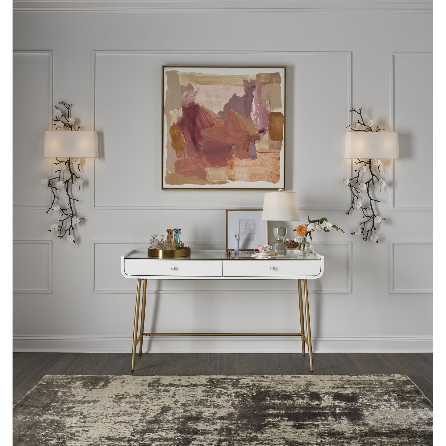 006 SR-909187 | Lifestyle | Allure Vanity Desk by Miranda Kerr Home in gold and white lacquer. Made from unique in a modern style.