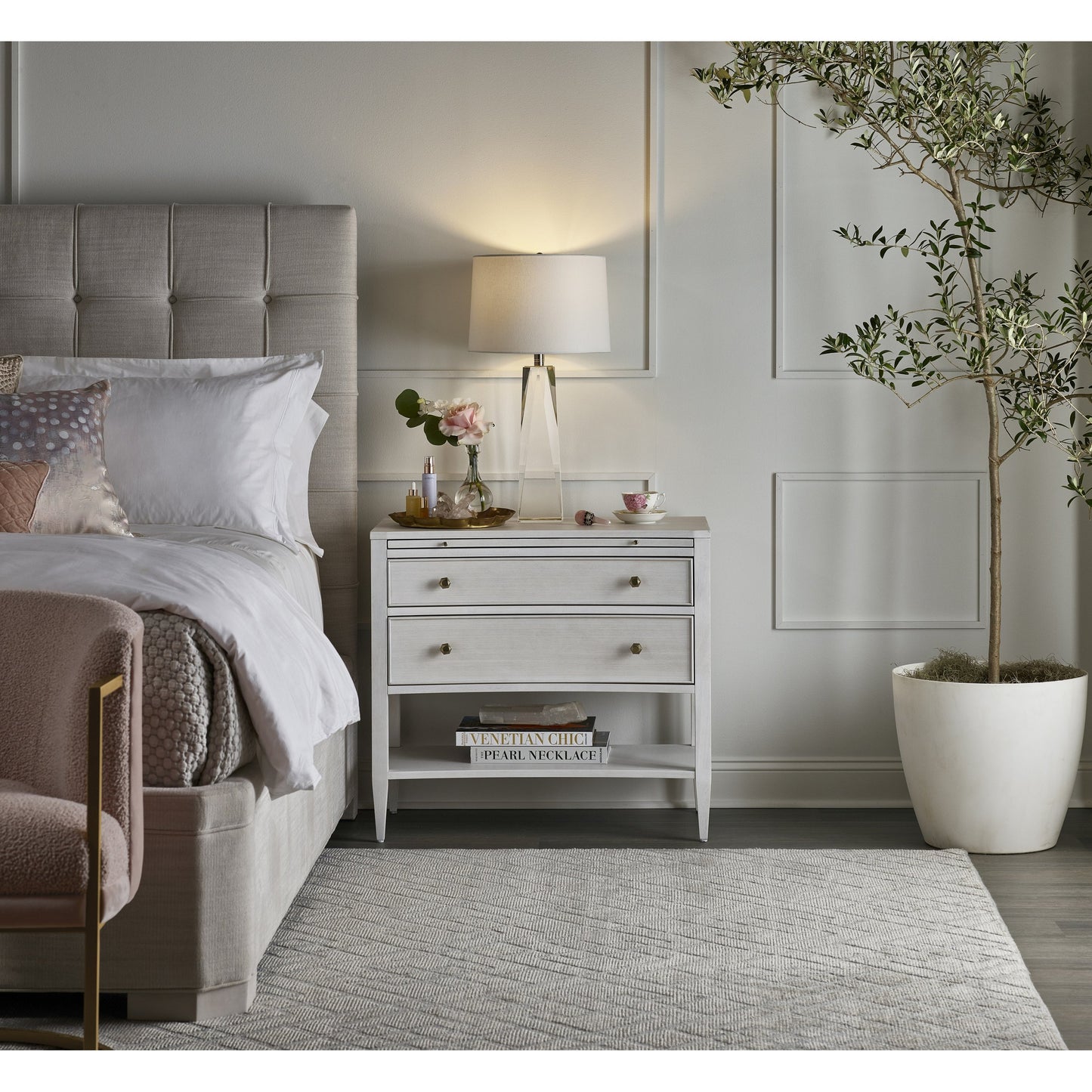 003 SR-909199 | Lifestyle | Chelsea Nightstand by Miranda Kerr Home in gold and alabaster. Made from unique in a transitional style.