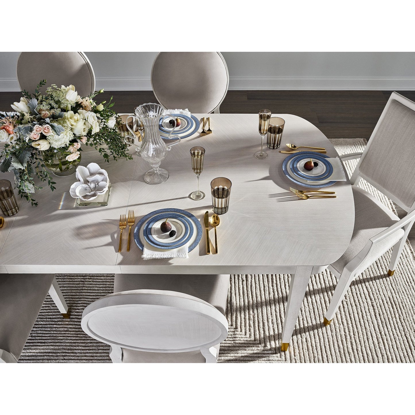 007 SR-909217 | Lifestyle | Marion Dining Table by Miranda Kerr Home in gold and alabaster. Made from unique in a traditional style.