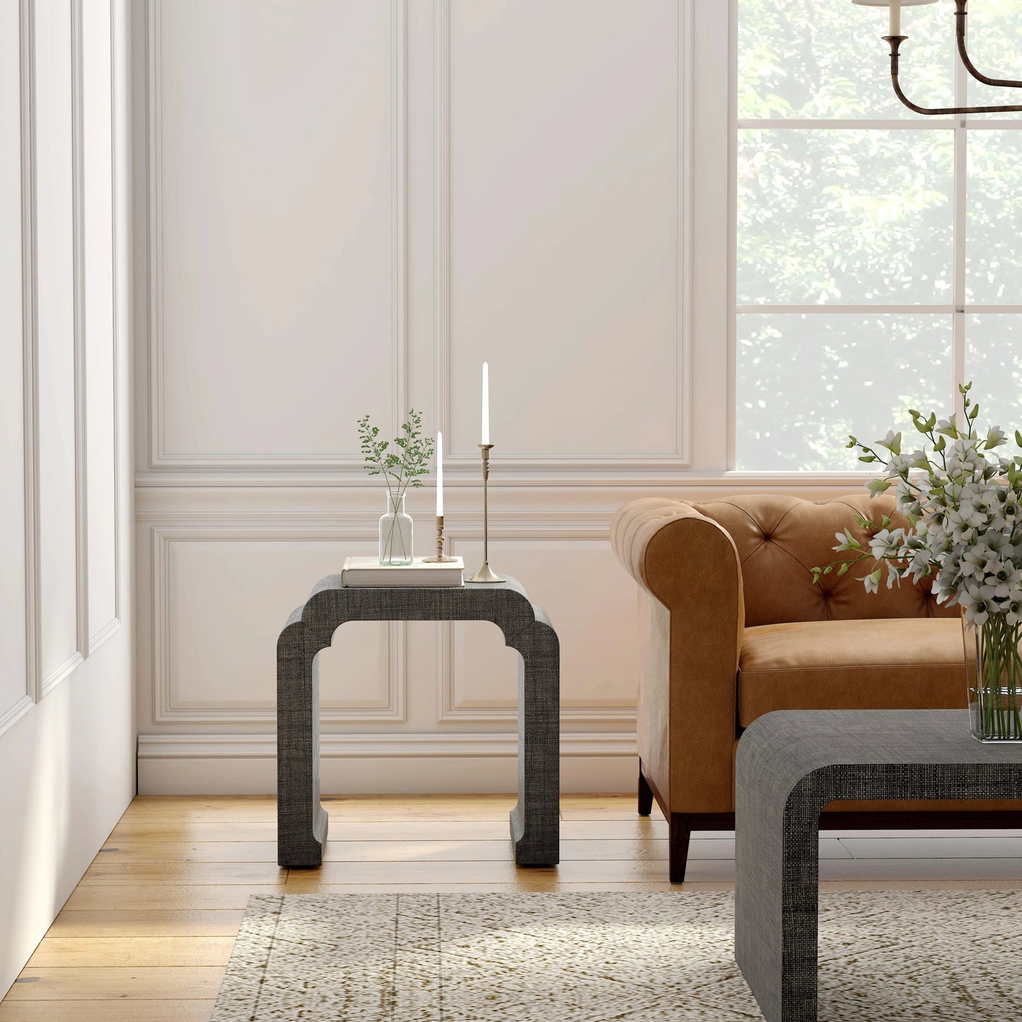 006 SI-2077886 | Lifestyle | Chatham Raffia Waterfall Side Table by Butler Specialty Company in charcoal and charcoal raffia. Made from gmelina beechwood solids, mdf, raffia in a transitional style.
