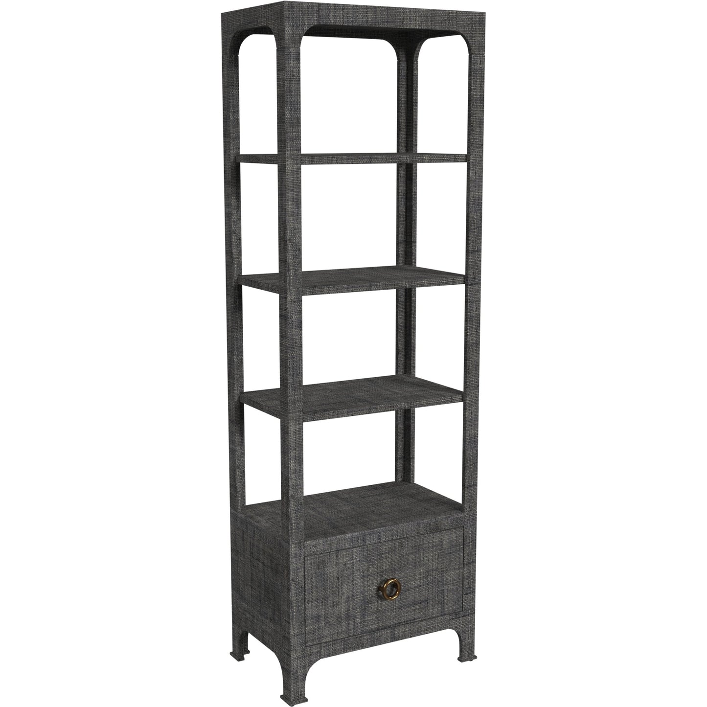 001 SI-2077888 | Additional Silo | Chatham One Drawer 3 Shelf Natural Raffia Etagere Bookcase by Butler Specialty Company in gray and charcoal raffia. Made from gmelina beechwood solids, mdf panel with maple veneer, raffia, aluminium in a modern style.