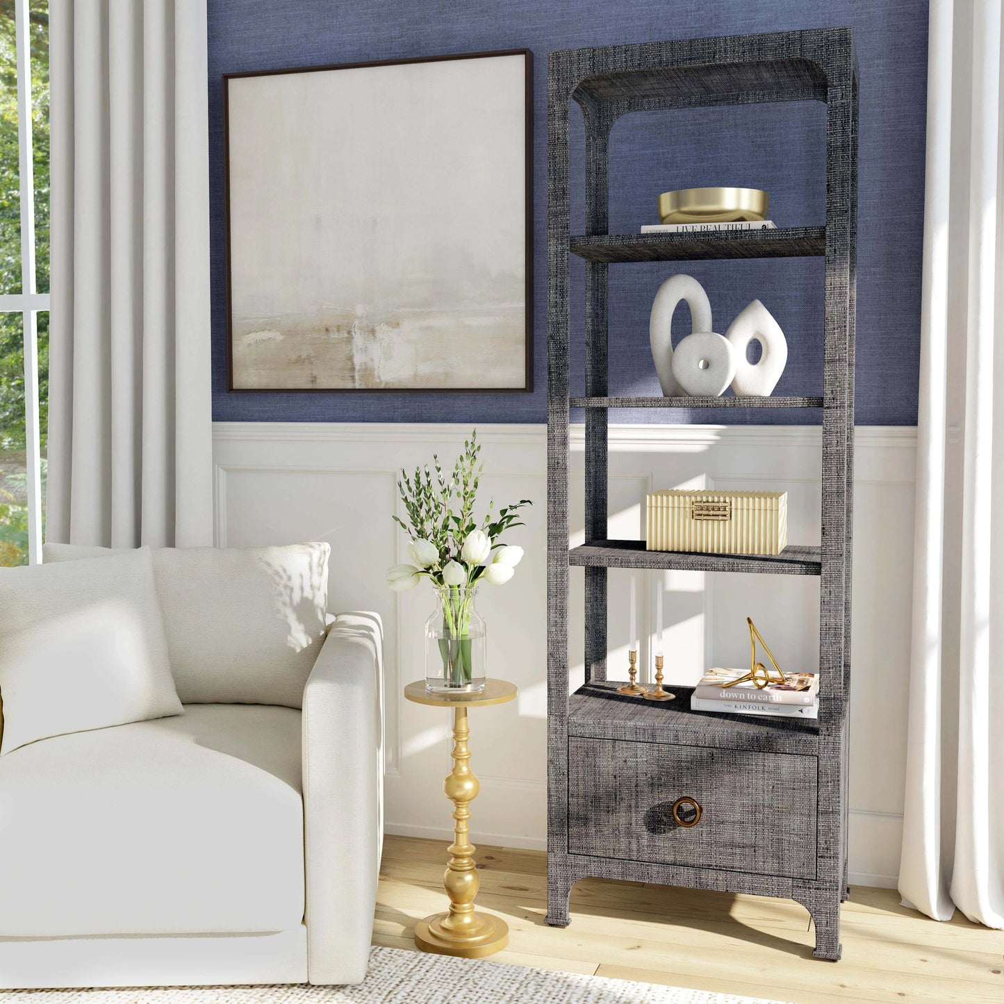 006 SI-2077888 | Lifestyle | Chatham One Drawer 3 Shelf Natural Raffia Etagere Bookcase by Butler Specialty Company in gray and charcoal raffia. Made from gmelina beechwood solids, mdf panel with maple veneer, raffia, aluminium in a modern style.