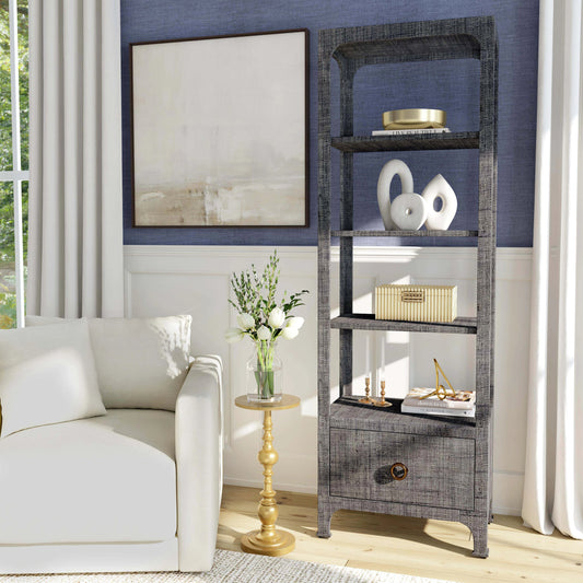 Chatham One Drawer 3 Shelf Natural Raffia Etagere Bookcase by Butler Specialty Company in gray and charcoal raffia. Made from gmelina beechwood solids, mdf panel with maple veneer, raffia, aluminium in a modern style.