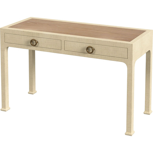 Chatham Raffia 2-Drawer Desk by Butler Specialty Company in natural. Made from saguran raffia, gmelina arborea wood, mdf, oak veneer, aluminum in a transitional style.