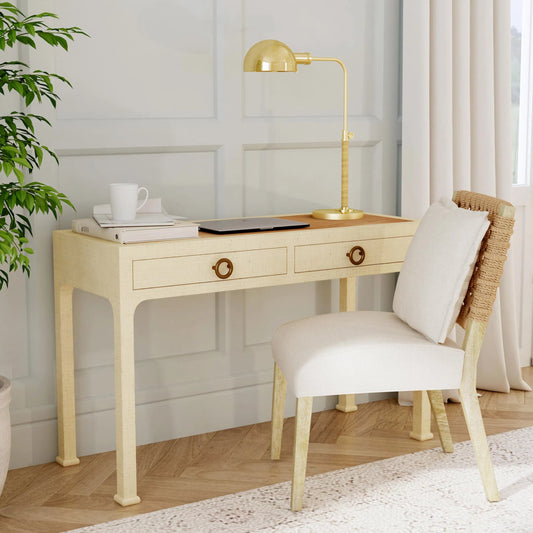 Chatham Raffia 2-Drawer Desk by Butler Specialty Company in natural. Made from saguran raffia, gmelina arborea wood, mdf, oak veneer, aluminum in a transitional style.