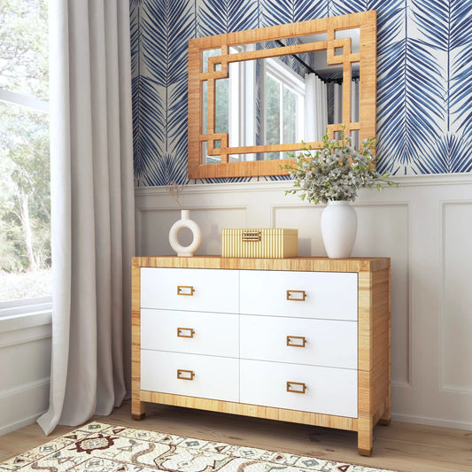 Hana Wall Mirror by Butler Specialty Company in light brown. Made from rattan, glass, mahogany, plywood in a rustic style.