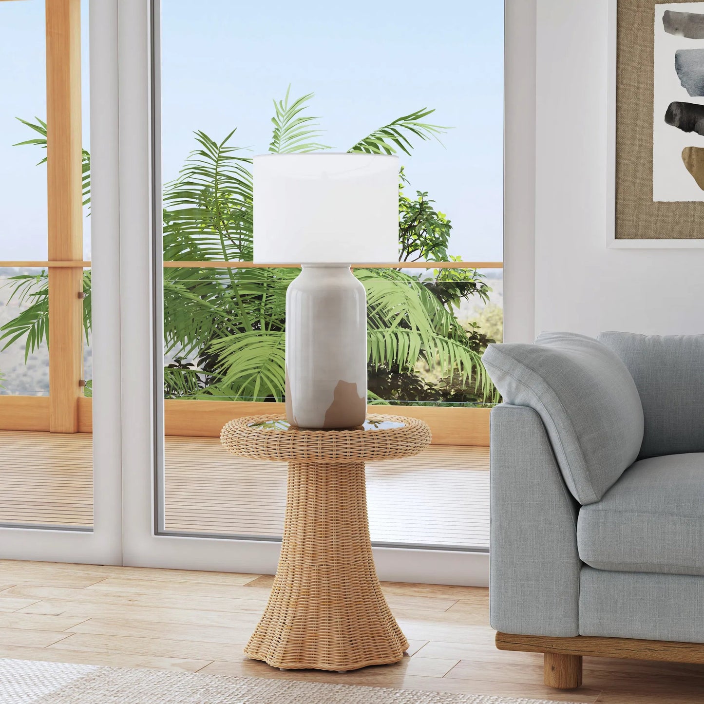 004 SI-2324893 | Lifestyle | Flora Scalloped End Table by Butler Specialty Company in light brown. Made from rattan, mahogany, plywood, glass in a rustic style.