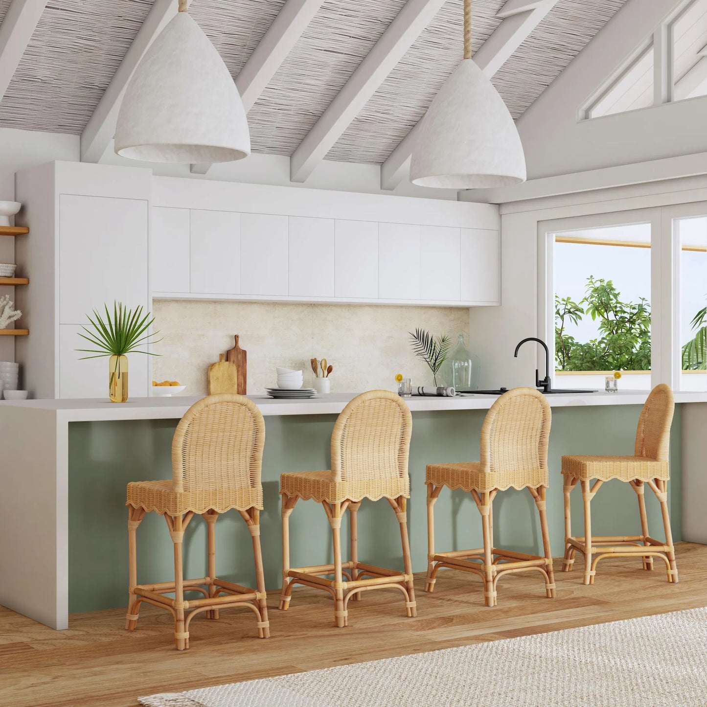 008 SI-2324894 | Lifestyle | Flora Scalloped Edge Counter Stool by Butler Specialty Company in light brown. Made from rattan, mahogany in a rustic style.