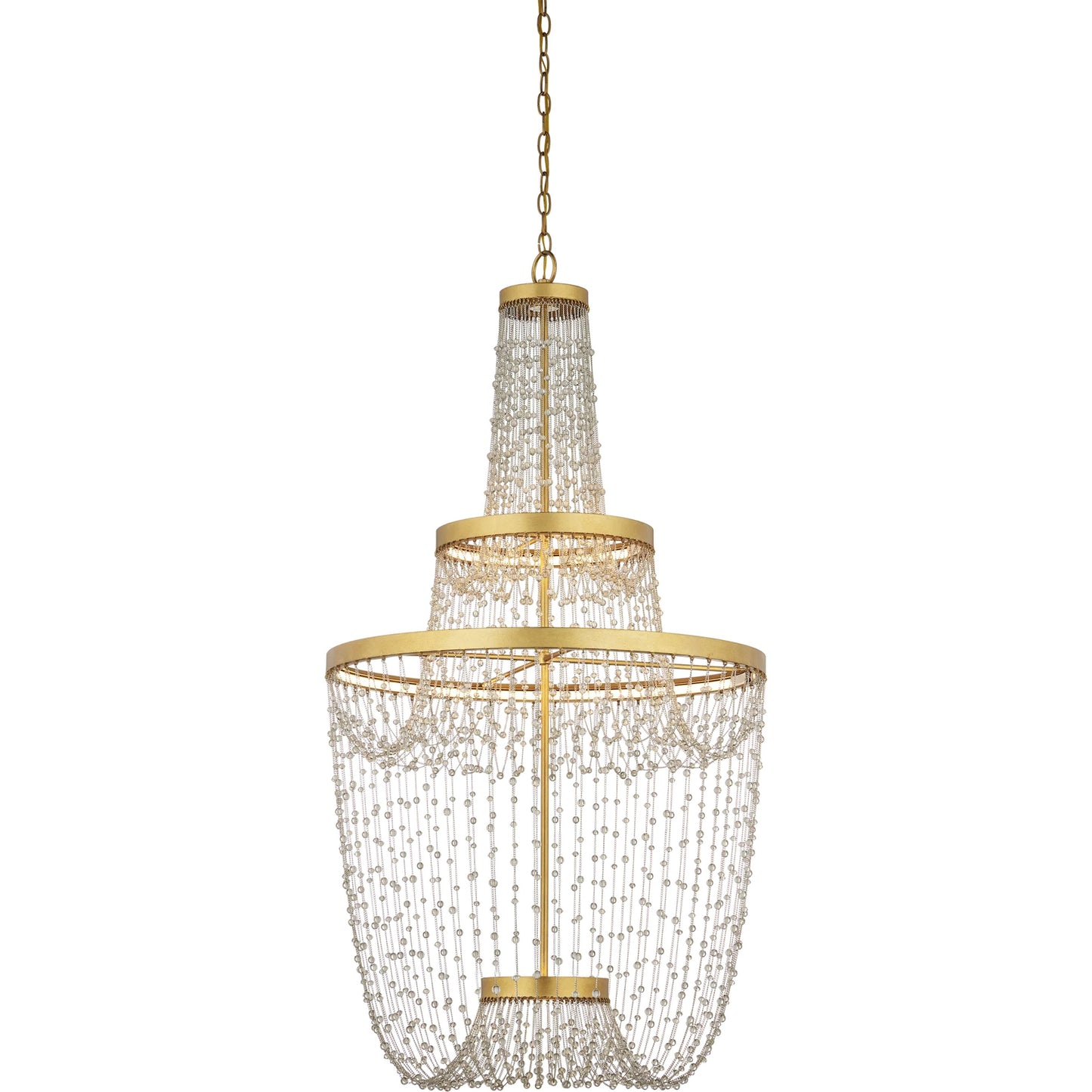 004 SI-2257409 | Additional Silo | Mademoiselle Chandelier by Currey and Company in contemporary gold leaf, contemporary gold, clear. Made from glass beads, wrought iron in a unique style.
