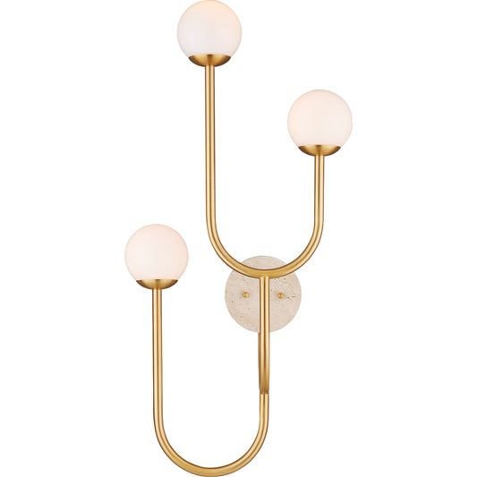 Highsmith Wall Sconce by Currey and Company in brass, natural, white. Made from metal, travertine, glass in a modern style.