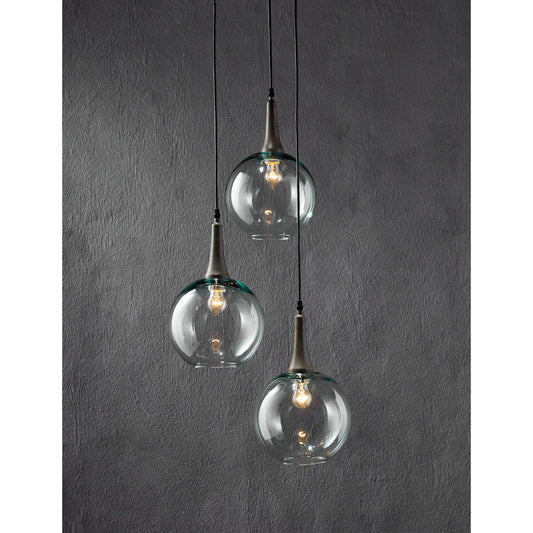 Beckett Trio Pendant by Currey and Company in emery rust. Made from wrought iron, glass in a modern style.