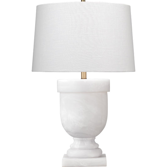 Carnegie Table Lamp by Jamie Young in white faux alabaster. Made from resin in a traditional style.