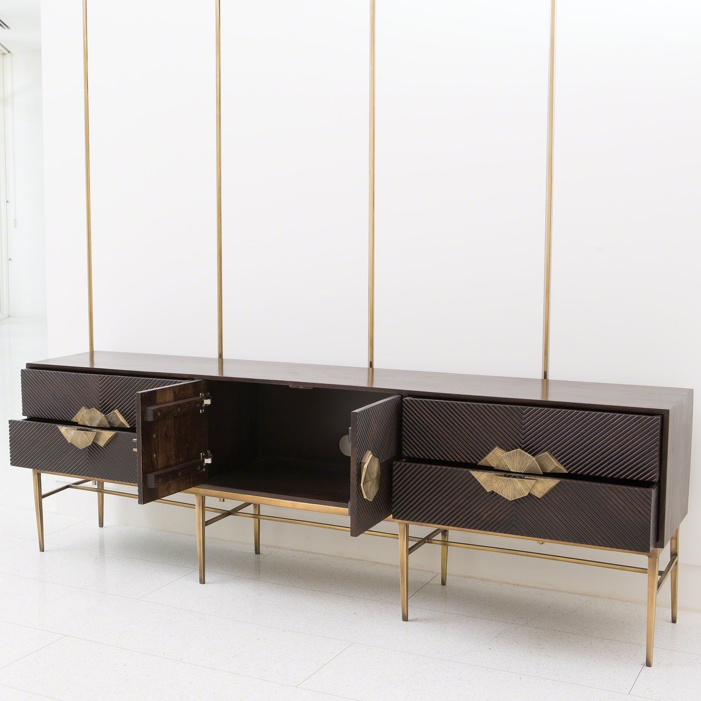002 SR-701289 | Additional Silo | Galapagos Media Cabinet by Global Views in dark walnut, brass. Made from mango, brass in a transitional style.