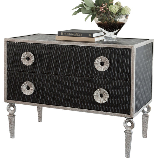 Artisan Chest by Global Views in black distress lacquer, nickel, antique lacquer. Made from acacia, mdf, iron in a transitional style.