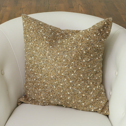 Golden Beaded Pillow by Global Views in gold. Made from surface: 100% polyester, lining: 100% cotton in a modern style.