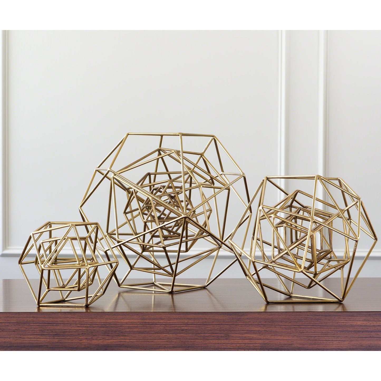 005 SR-701305,SR-701306,SR-701307 | Lifestyle | Geo Sculpture by Global Views in gold. Made from iron in a modern style.