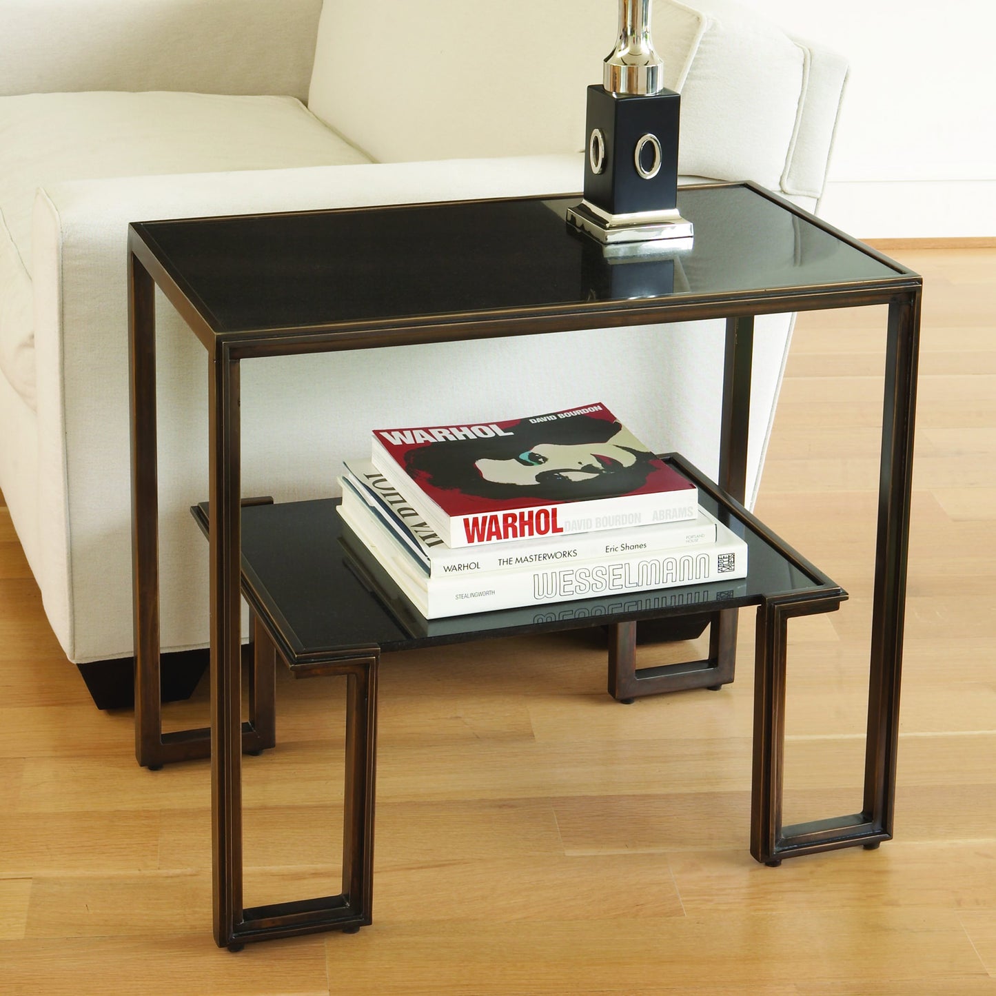 002 SR-701750 | Lifestyle | One-Up Table by Global Views in bronze. Made from iron, granite in a modern style.