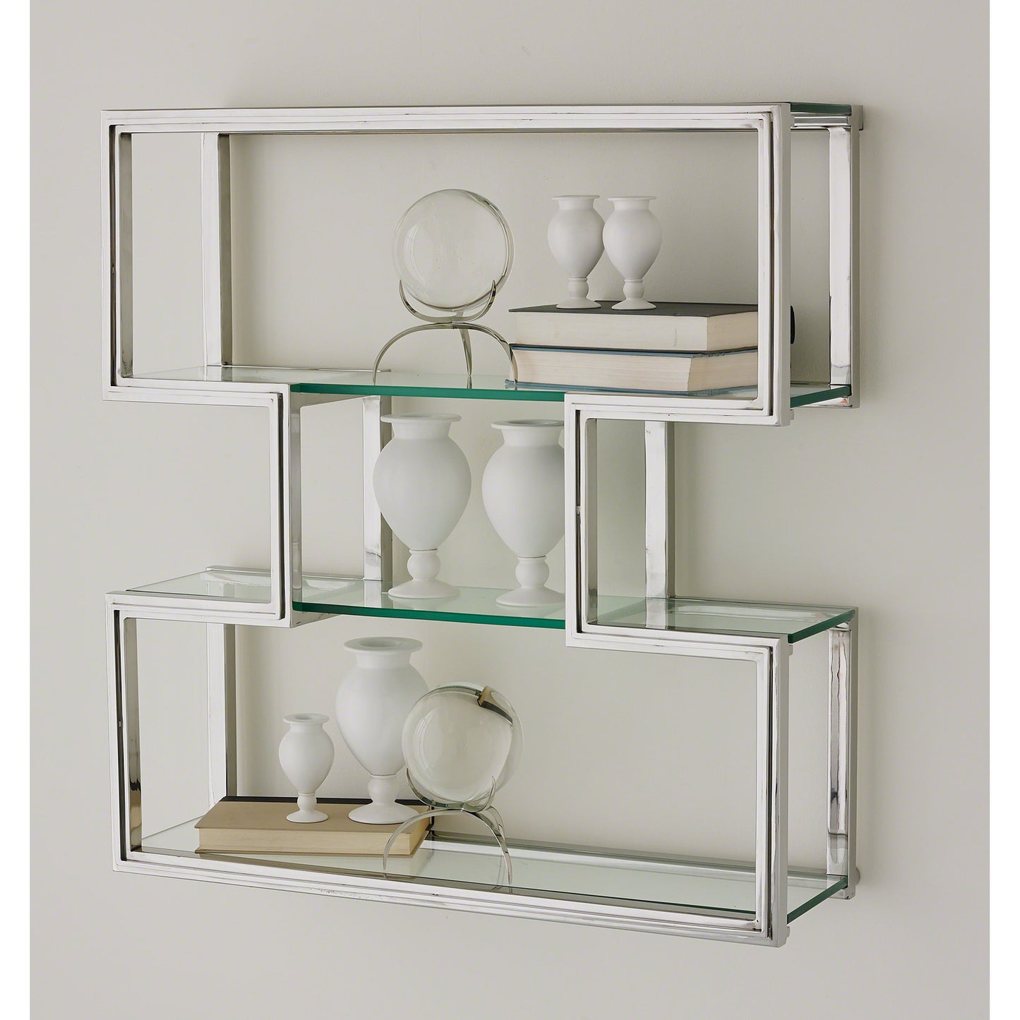 001 SR-701749 | Lifestyle | One Up Wall Shelf by Global Views. Made from stainless steel, tempered glass in a modern style.