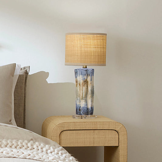 Abstract Table Lamp by Jamie Young in reactive blue, natural glaze. Made from ceramic, acrylic in a modern style.