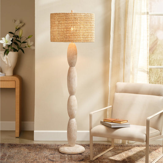 Almond Floor Lamp by Jamie Young in off, white and brushed white wash. Made from wood in a unique style.