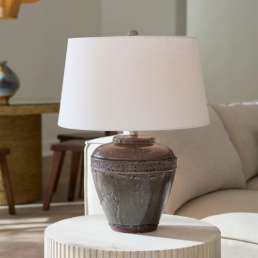 Avondale Table Lamp by Jamie Young in grey and reactive grey glaze. Made from ceramic in a rustic style.