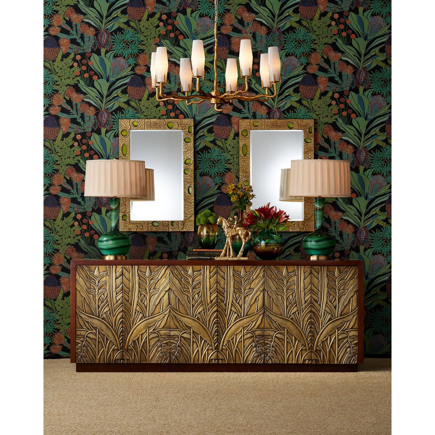 008 SI-2387056 | Lifestyle | Jardin Credenza by Currey and Company in walnut, antique brass. Made from teak wood, brass in a traditional style.