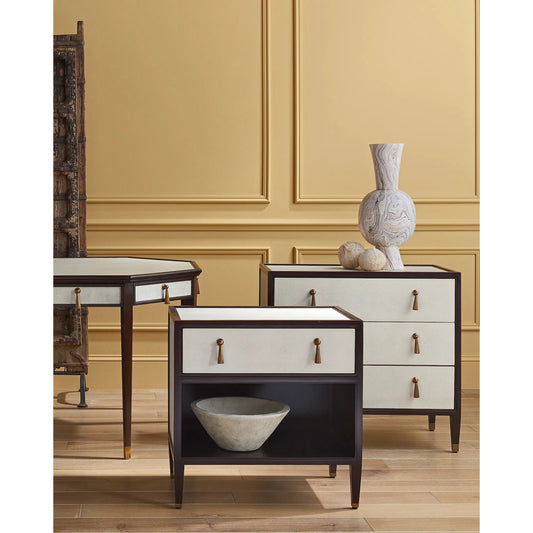 Evie Shagreen Chest by Currey and Company in ivory, dark walnut, brass. Made from faux shagreen, mahogany, cast brass in a transitional style.