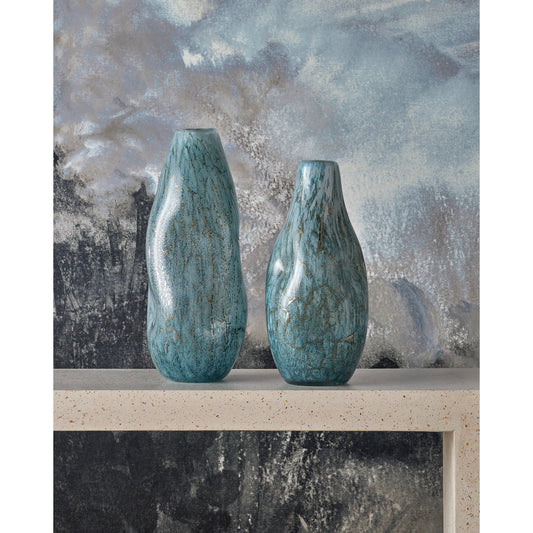 Tyne Vase by Currey and Company in pale blue, gold. Made from glass in a modern style.