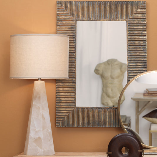 Borealis Hexagon Table Lamp by Jamie Young in alabaster. Made from alabaster in a transitional style.