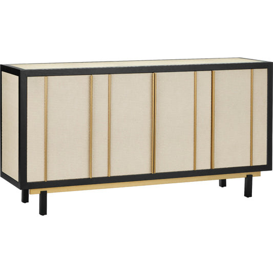 Deanna Raffia Credenza by Currey and Company in ivory, black, satin brass, natural, clear. Made from raffia, okume veneer, stainless steel, sycamore veneer, tempered glass in a modern style.