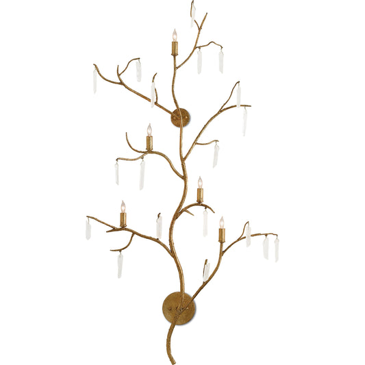 Forest Light Wall Sconce by Currey and Company in washed lucerne gold, natural. Made from wrought iron, crystal stone in a traditional style.
