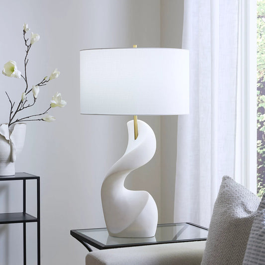Cobra Table Lamp by Jamie Young in white and smooth white ricestone. Made from ricestone, metal in a modern style.