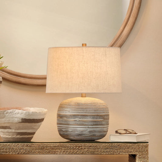 Cocoon Table Lamp by Jamie Young in cream and white washed. Made from bamboo in a unique style.